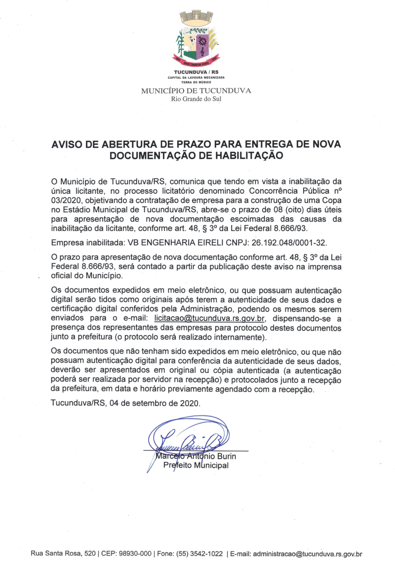 CNC 03_2020 - AVISO DE ABERT DE PRAZO - ENTREGA DE NOVA DOC DE HABILITAÇÃO